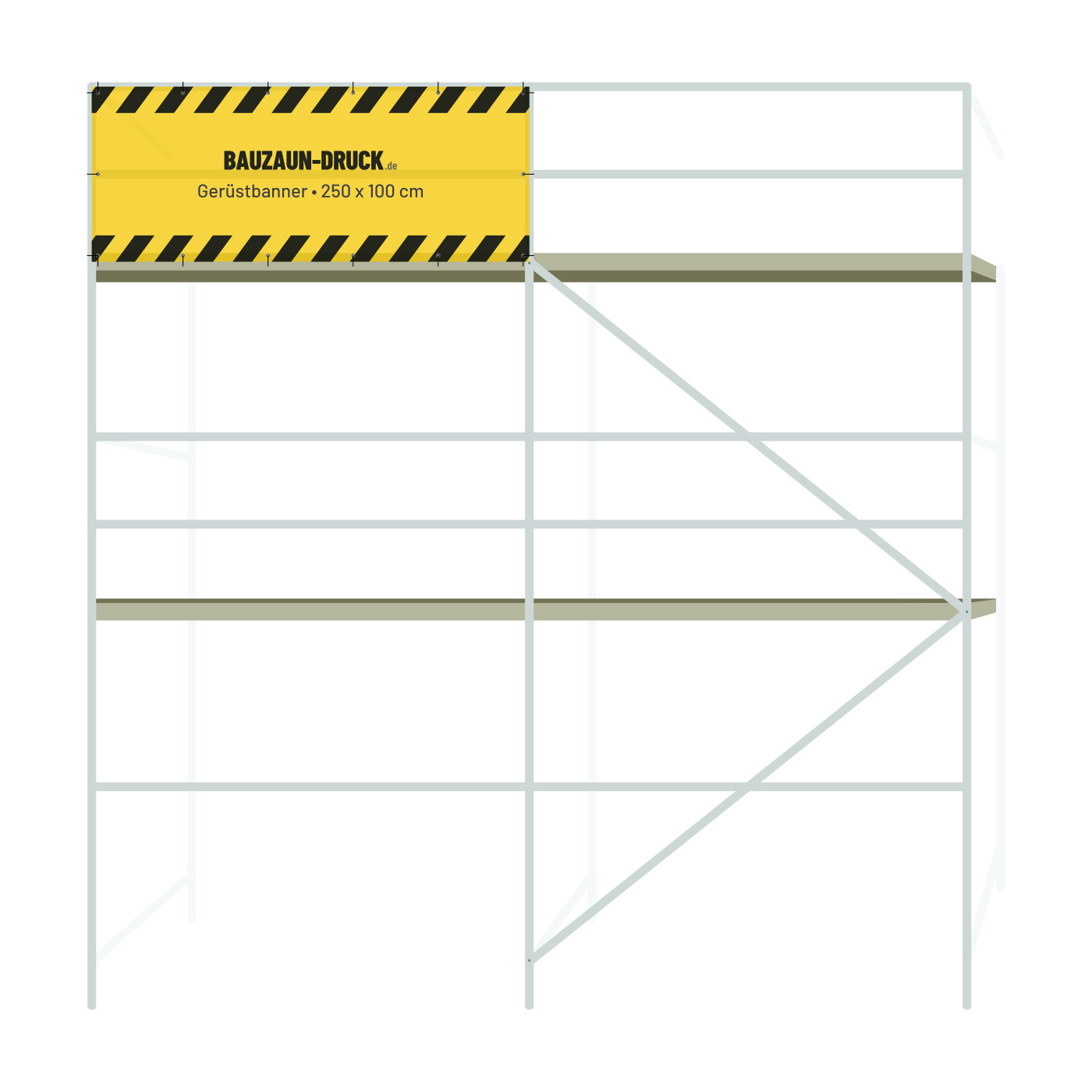 Bedrucktes Gerüstbanner 250 × 100 cm montiert am Baugerüst