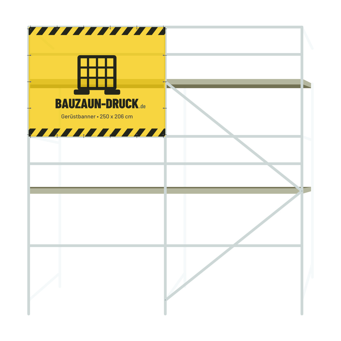 Bedrucktes Gerüstbanner 250 × 206 cm montiert am Baugerüst
