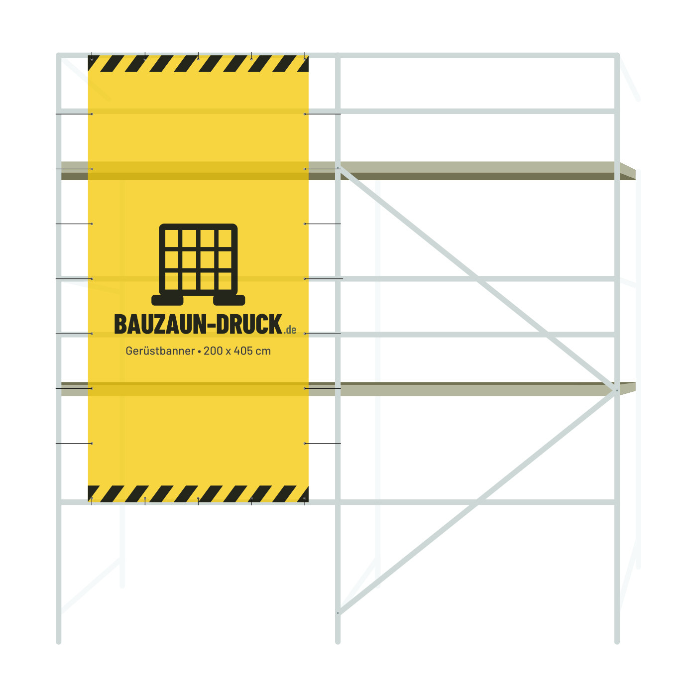Bedrucktes Gerüstbanner 200 × 405 cm montiert am Baugerüst
