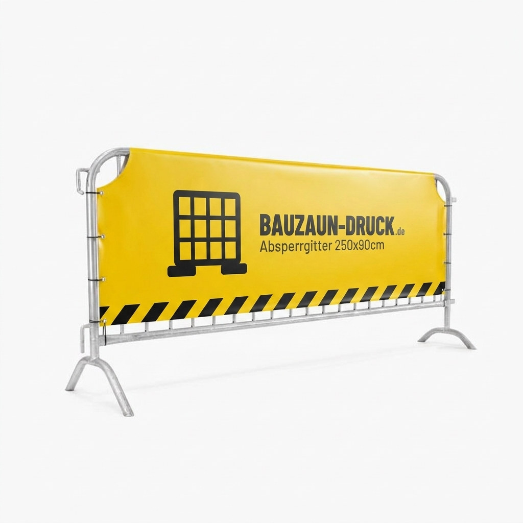 Doppelseitig bedrucktes Absperrgitter-Banner von Bauzaun-Druck.de, Detailansicht