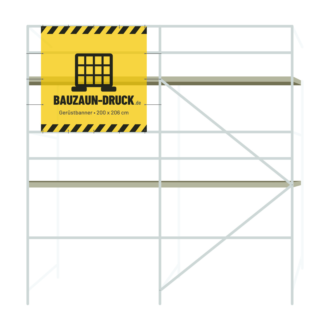 Bedrucktes Gerüstbanner 200 × 206 cm montiert am Baugerüst