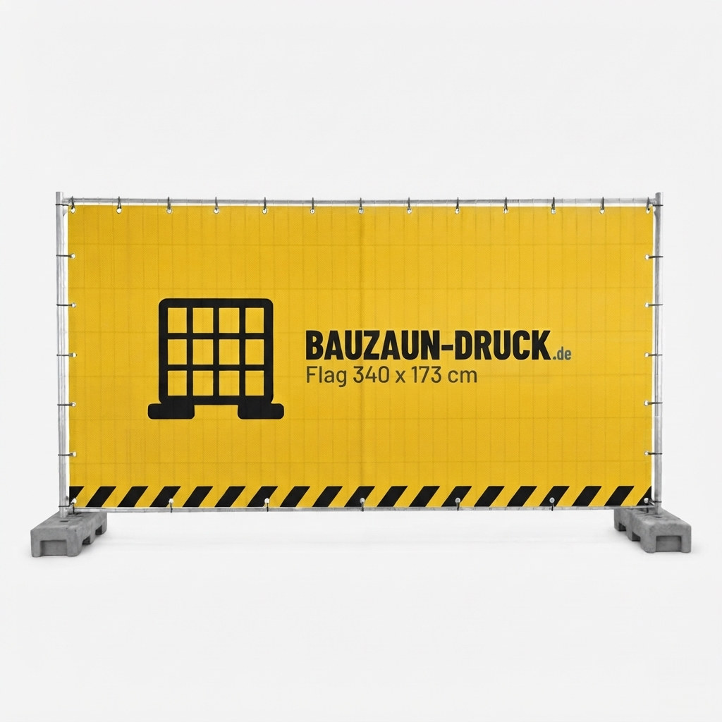 Bauzaunbanner aus Flag, 340 x 173 cm, bedruckt am Bauzaun