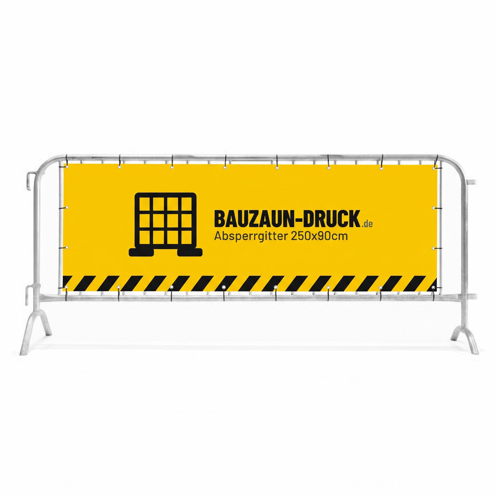 Einseitig bedrucktes Absperrgitter-Banner von Bauzaun-Druck.de am Polizeigitter