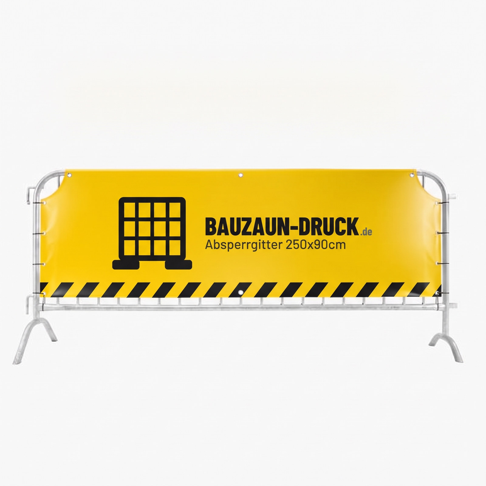 Doppelseitig bedrucktes Absperrgitter-Banner von Bauzaun-Druck.de
