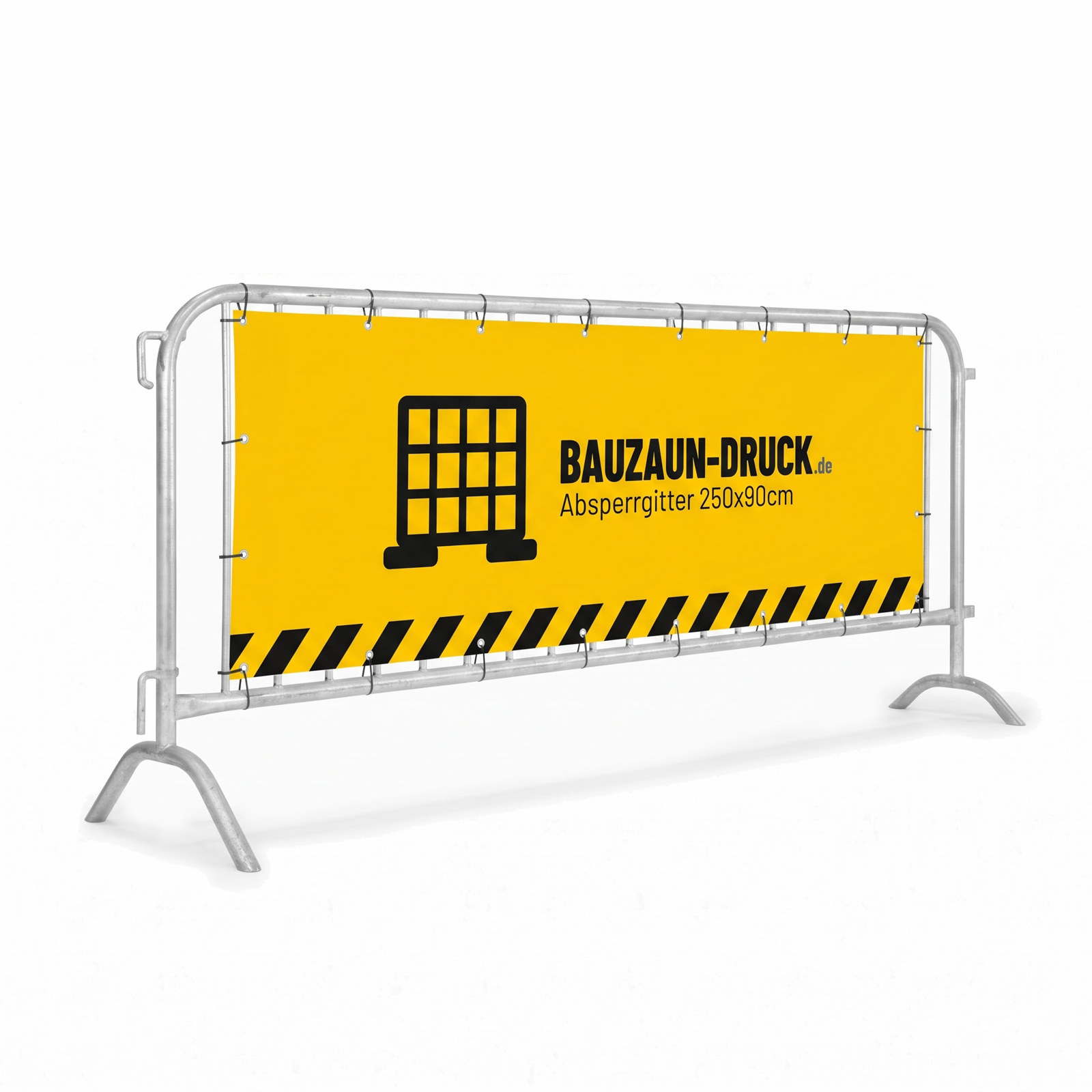 Einseitig bedrucktes Absperrgitter-Banner von Bauzaun-Druck.de, Detailansicht