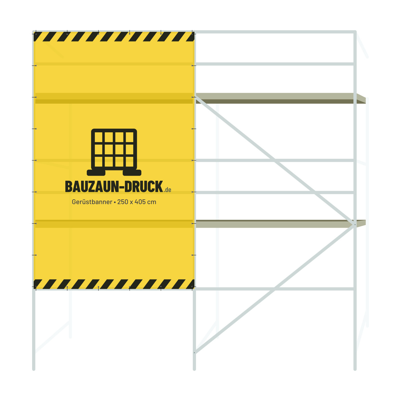 Bedrucktes Gerüstbanner 250 × 405 cm montiert am Baugerüst
